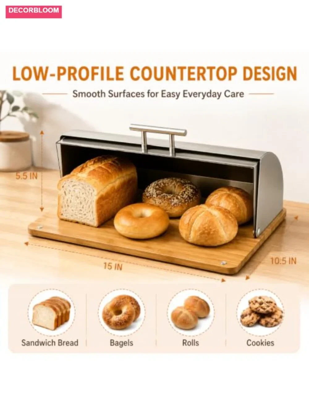 Modern Stainless Steel Roll-Top Bread Box with Bamboo Base, Acrylic Door